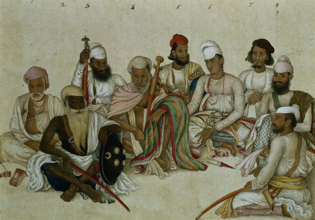 Devět dvořanů a služebnictvo rádži Patialy, asi 1817 (tužka a kvaš na papíře) od Indian School