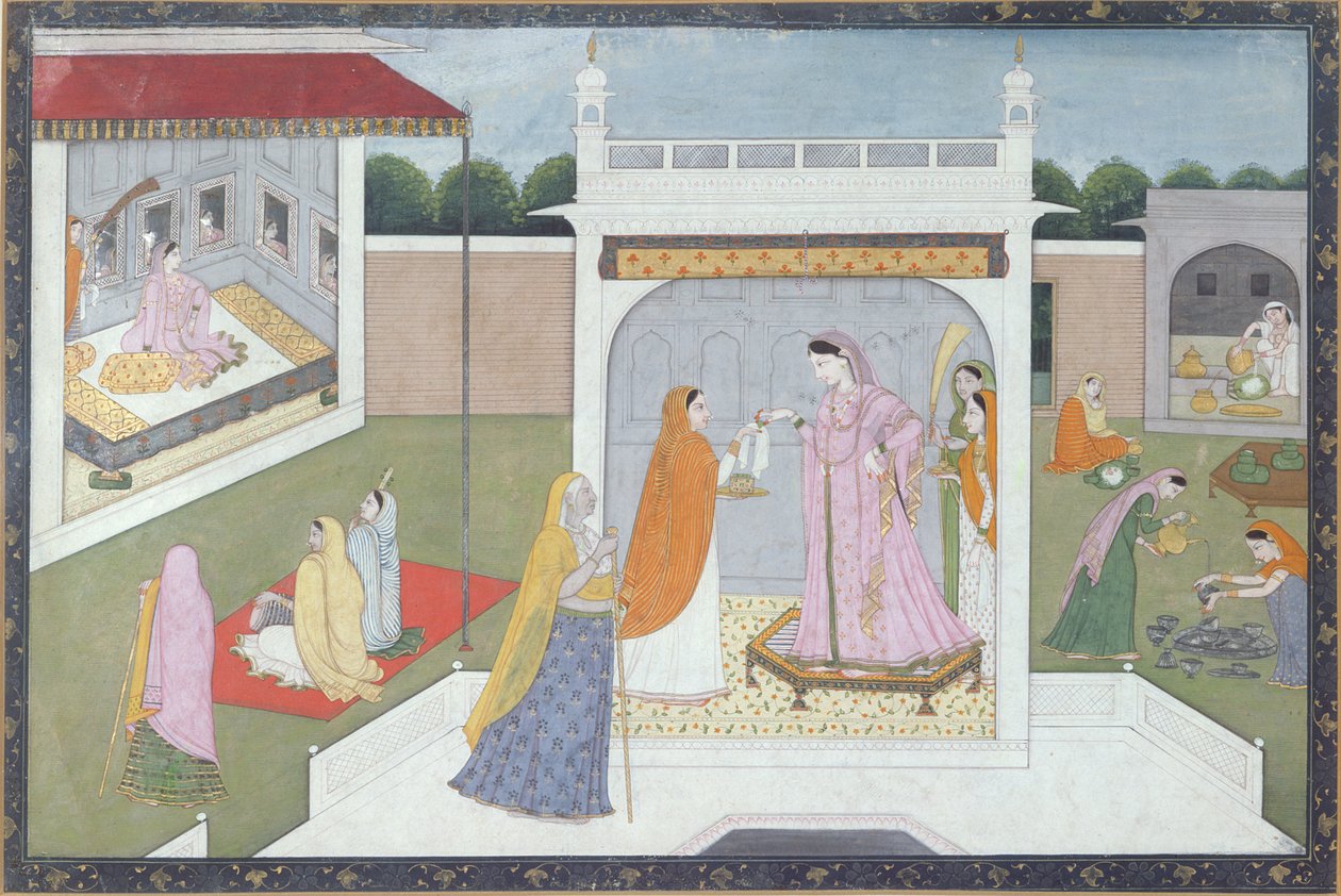 Palácová dáma se svými služebnými, Kangra, kolem roku 1790 od Indian School