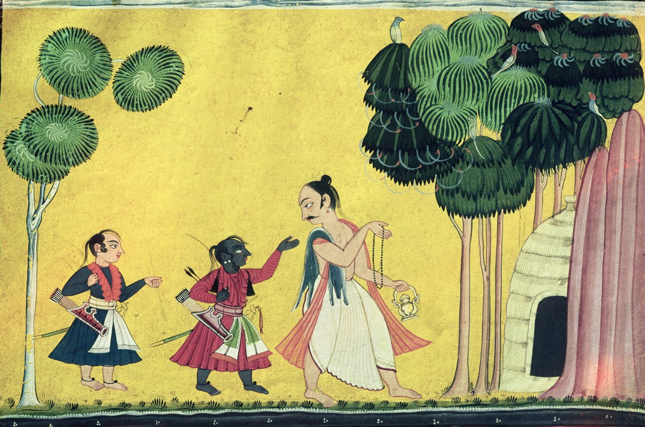 Ráma a Lakšmana doprovázení Višvámitrou z Rámájany kolem roku 1750 od Indian School