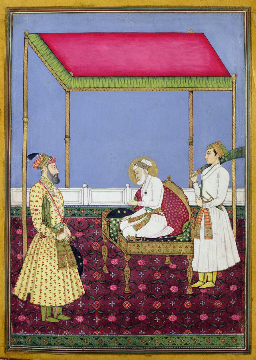 Císař Aurangzeb ve stáří sedící na trůnu, miniatura z alba Muraqqa, počátek osmnáctého století (kvaš a plátek zlata na papíře) od Indian School
