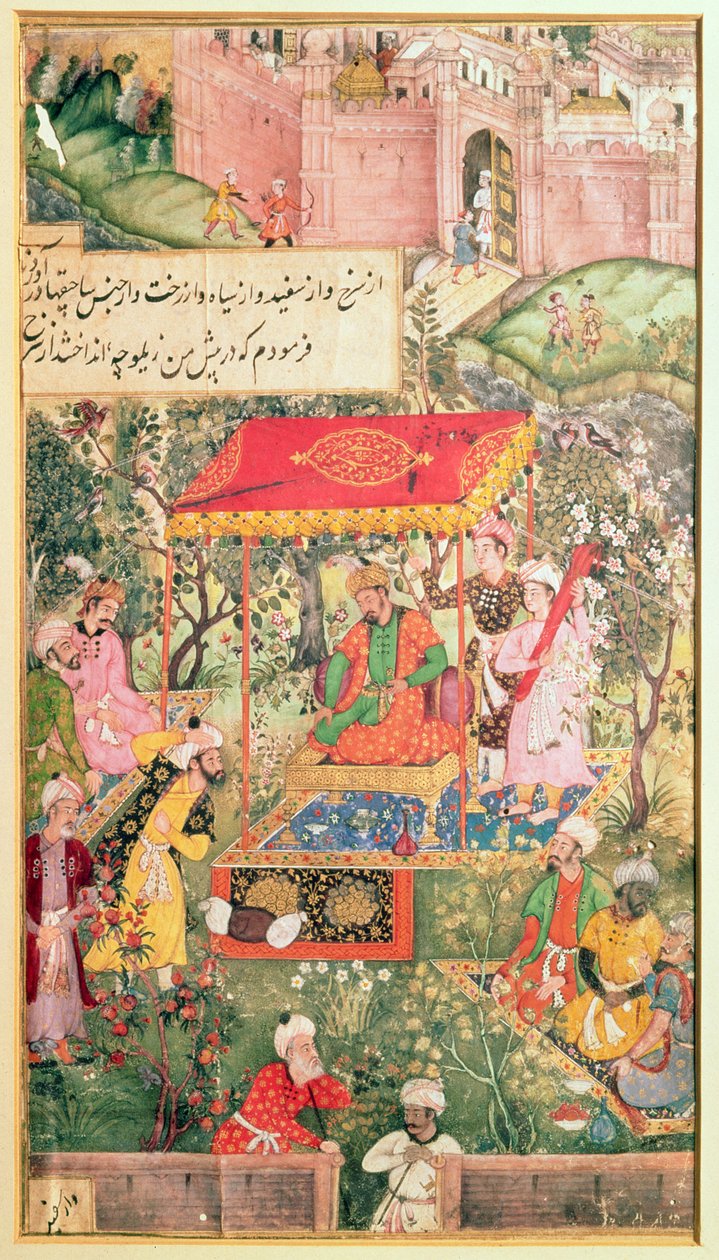 Mogulský císař Babur přijímá vyslance Uzbega a Rauputa v zahradě v Ágře 18. prosince 1528, císař sedí na trůnu pod baldachýnem; opevnění Agra je v pozadí, od Indian School