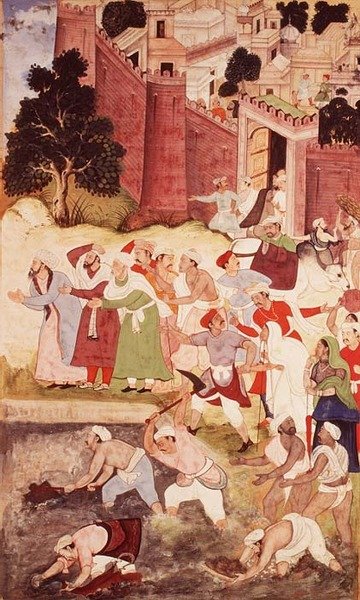 Očišťování Kukur Talaoa u Nagoru, z Akbarnamy, Mughal, 1590-95 (neprůhledná čb a zlato na papíře) od Indian School