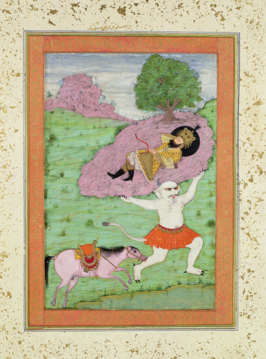 Bílý démon odnášející spícího Rustama, ilustrace z „Shahnama“ (Kniha králů), od Abu