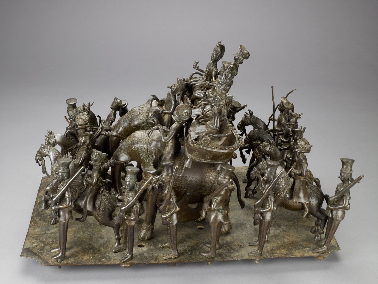 Kavalkáda krále Oudhu na koni s britským obyvatelem na slonech, kolem roku 1820 (bronz) od Indian School