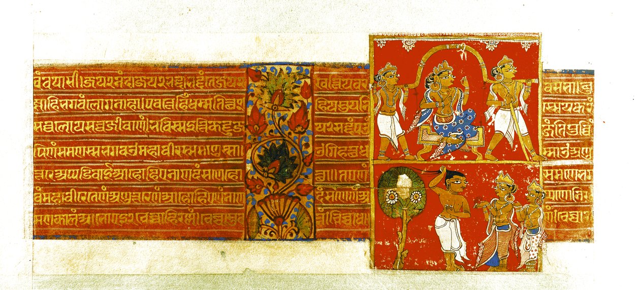 Dvě scény z Kalpasutra, Mandu, 1439 (kvaš a zlato na papíře) od Indian School