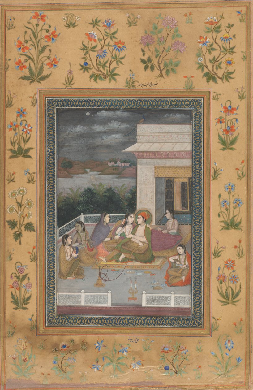Pár na terase obklopený průvodci a hudebníky od Indian 18th Century