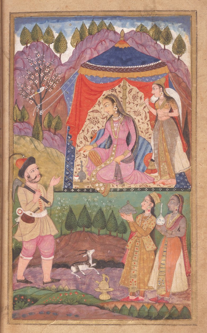 48,62 folio 138 Farhad líčí svá dobrodružství princezně Shirin z Khusrau a Shirin, škola Deccani, 1722 od Indian School