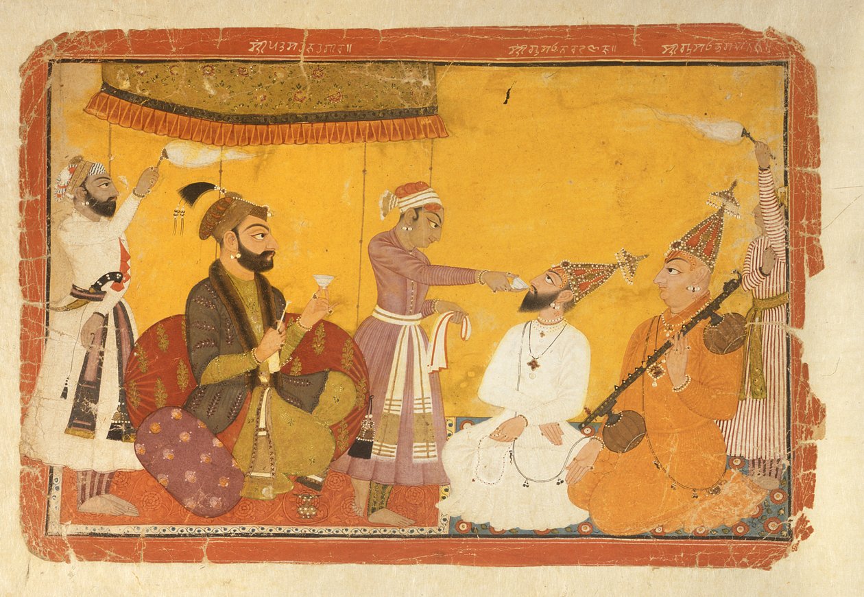 ]7.110359 Gosain Narayan bere jed v přítomnosti císaře Jahangira, Nurpur, škola Pahari, 1725 od Indian School