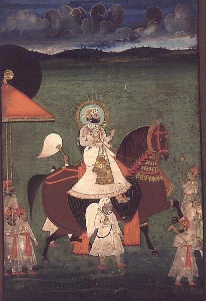 AS10 Album 43 č.4514 Kat.č. 514 iii Rana Sarup Singh (1842-61) z Mewar jede na kaštanovém hřebci, jeho pěšáci nesou slunečníky a královské vybavení, Udaipur, kolem 1855 od Indian School