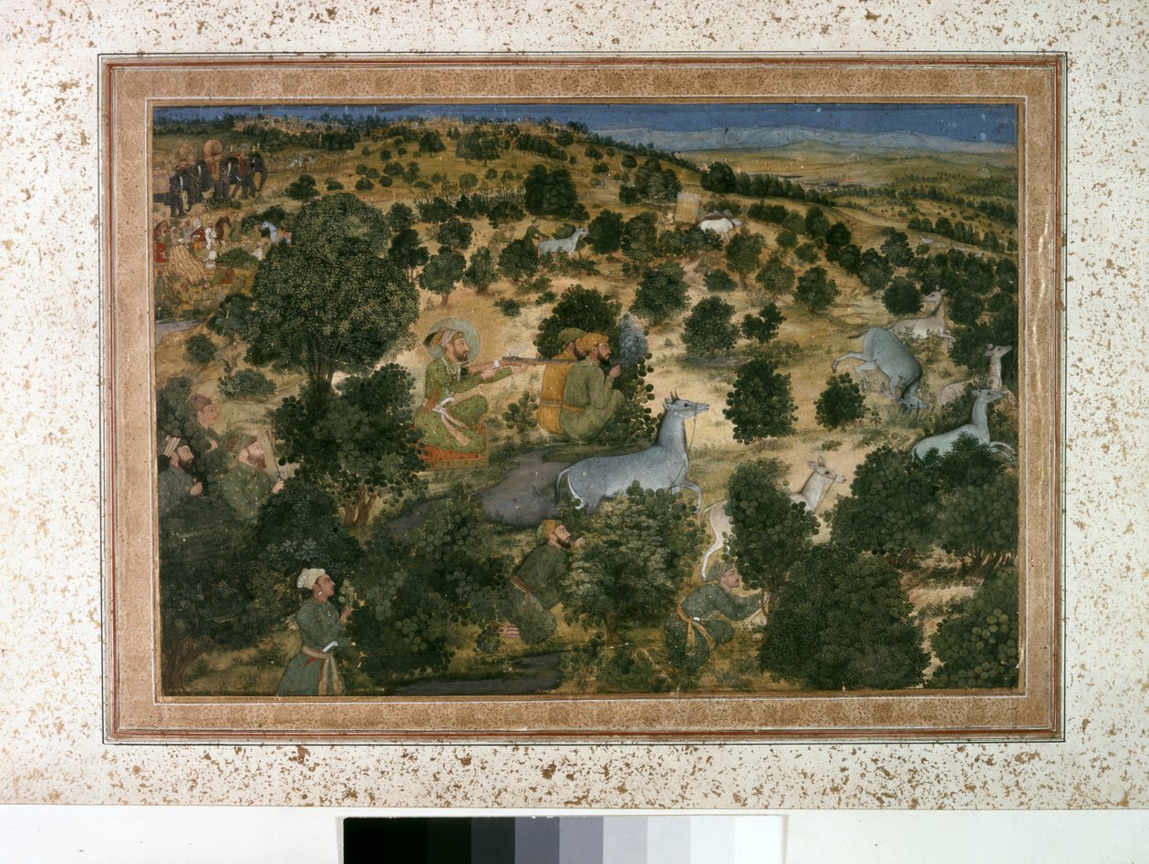 AURANGZEB: Awrangzib Hunts Nilgais, cca 1660 (miniatura) od Indian School