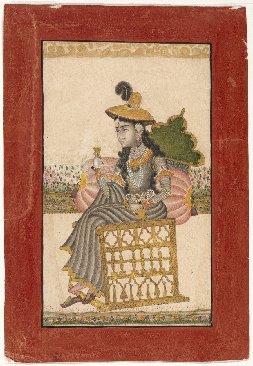 A Bejeweled Lady, škola Kota, 1690-1720 (kvaš se zlatem na papíře) od Indian School