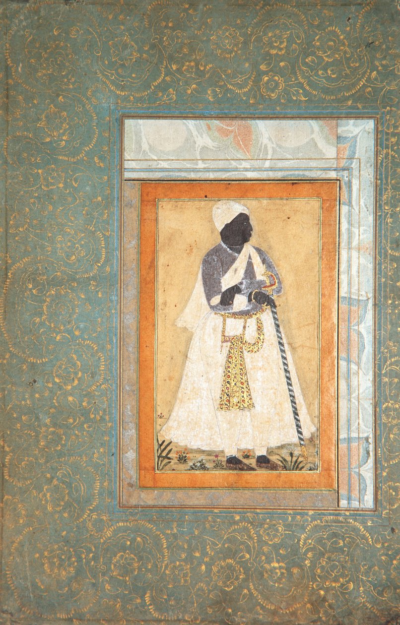 Černý muž se opírá o dlouhou hůl, cca 1682 (neprůhledné wc a zlato na papíře) od Indian School