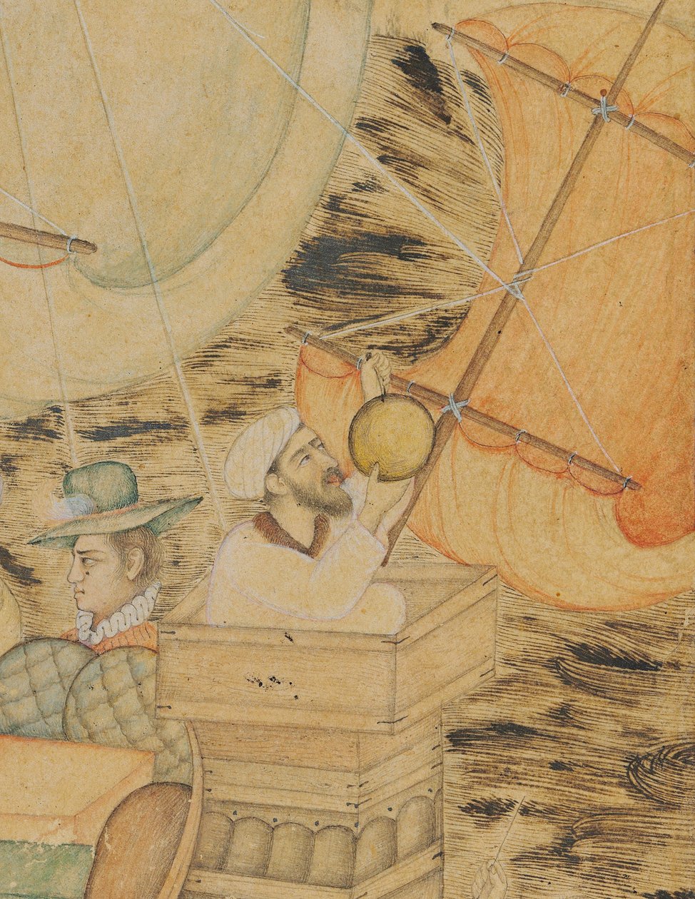 A Caravel Attacked by a Sea Monster, Mughal India, cca 1590 (neprůhledné pigmenty zvýrazněné zlatem a stříbrem na papíře) od Indian School