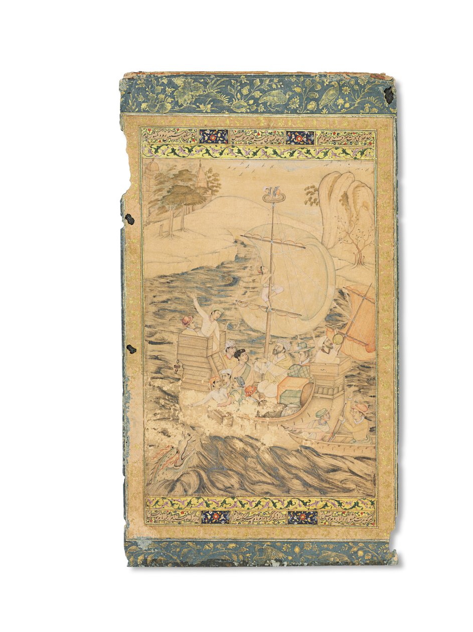 A Caravel Attacked by a Sea Monster, Mughal India, cca 1590 (neprůhledné pigmenty zvýrazněné zlatem a stříbrem na papíře) od Indian School