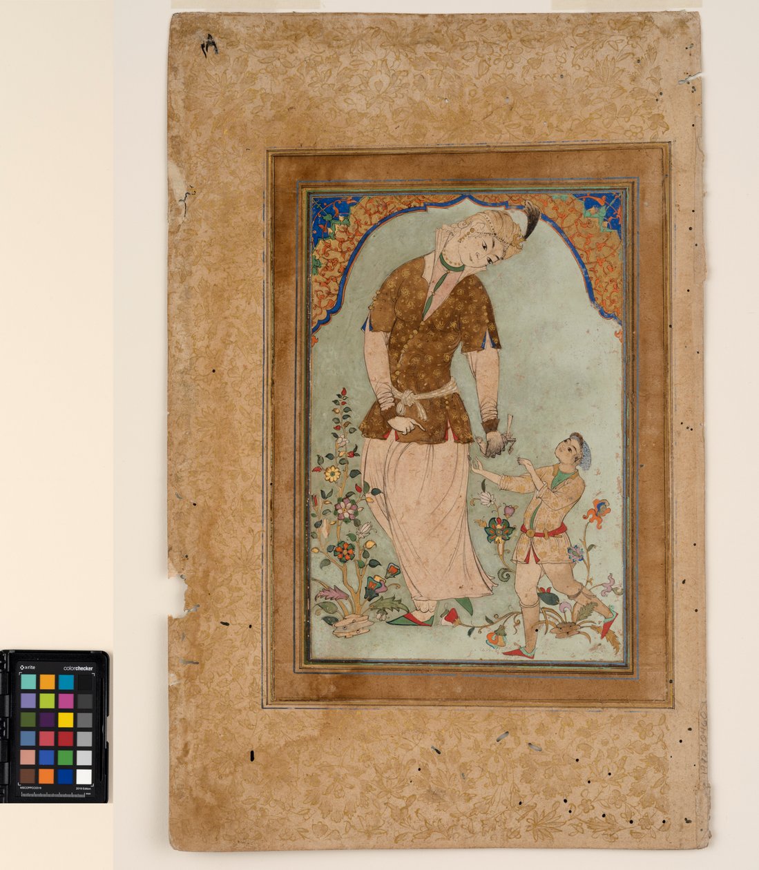 Falconer přijímá svou kořist ze stránky, cca 1580 (neprůhledný akvarel a zlato na papíře, připevněno na stránce alba) od Indian School