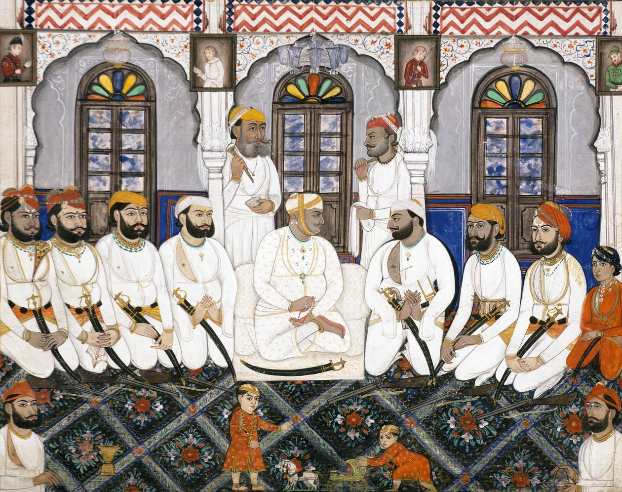 Jaipur raja oblečený pro uctívání v durbaru, kolem roku 1845 (neprůhledné wc a zlato na papíře) od Indian School