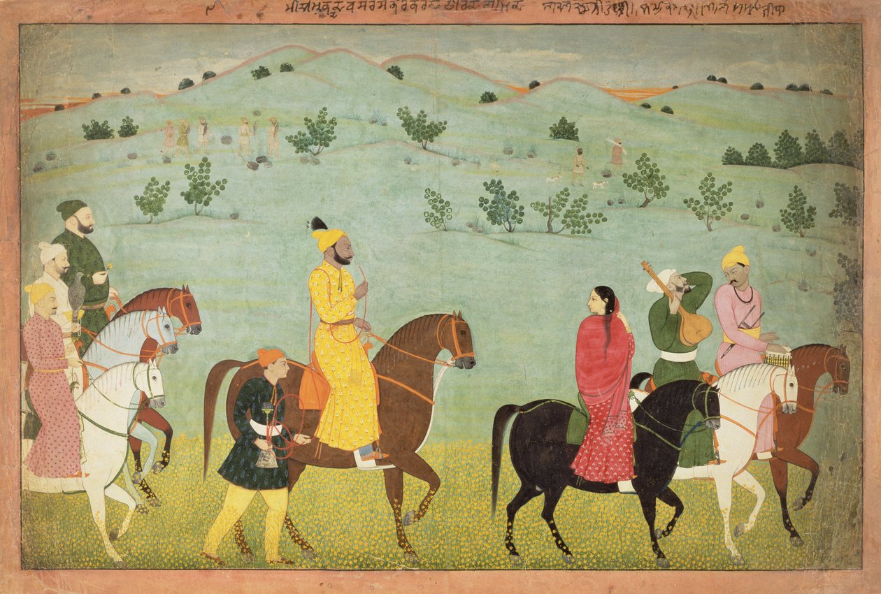 Jasrotský princ, možná Balwant Singh, na jezdecké výpravě, Nainsukh (fl. 1740-50) Kašmír, kolem 1751 od Indian School