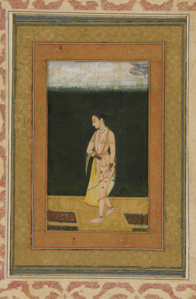 A Lady Walks in a Garden, Album folio s obrazem, kolem 1730 od Indian School