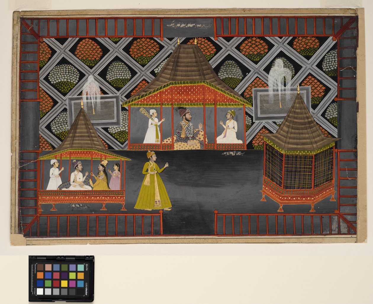 Nawab a jeho synové v zahradním altánu, kolem roku 1770 (neprůhledné w/c, stříbro a zlato na papíře) od Indian School