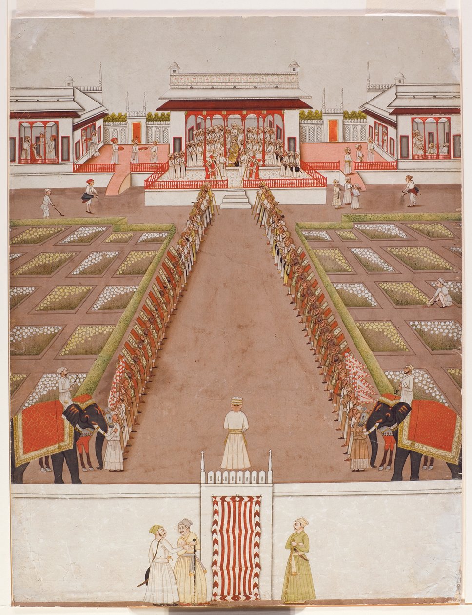 Nawab držící dvůr v pavilonu, za alejí sluhů a dvou slonů, kolem roku 1765 (neprůhledné wc a zlato na papíře) od Indian School