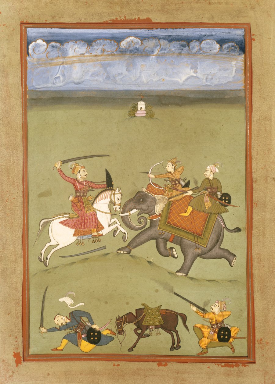 Princ bojující se svými nepřáteli na slonovi, kolem roku 1710 od Indian School
