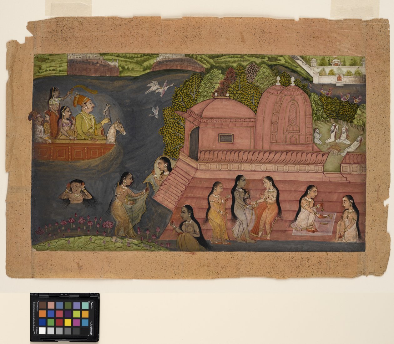 Raja Hawking z lodi přichází na koupající se krásky u chrámu, kolem roku 1695 (neprůhledný akvarel a zlato na papíře) od Indian School
