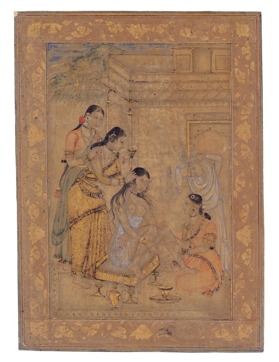 A Young Womans Toilette, 1675-1700 (neprůhledné wc a zlato na papíře) od Indian School