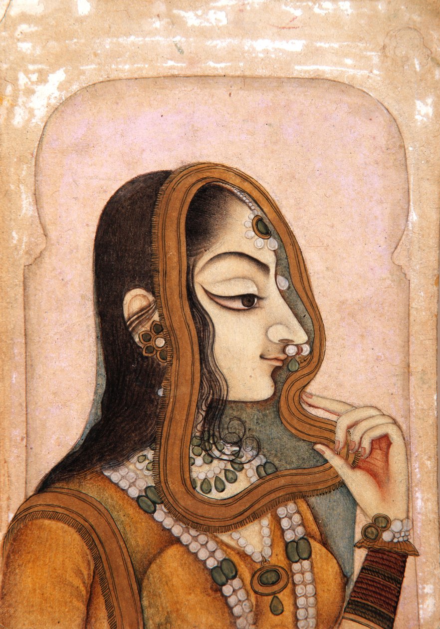 Krásná žena, orámovaná obloukem, cca 1800 (neprůhledné wc a zlato na papíře) od Indian School