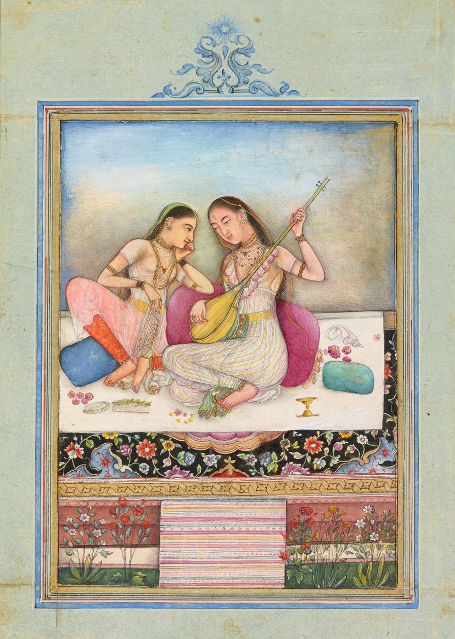 Dívka hrající na tambur, zatímco její společník poslouchá, kolem roku 1660 od Indian School
