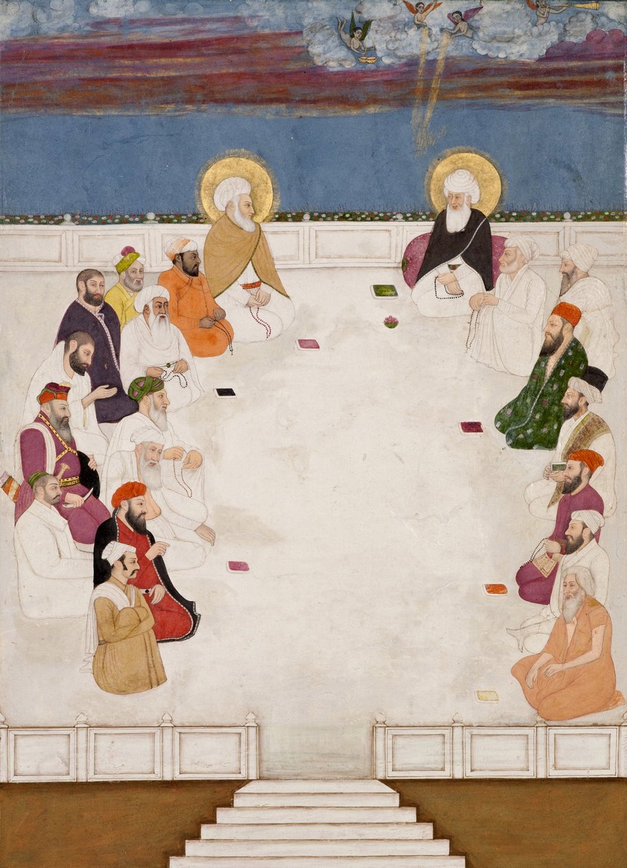 Skupina indických světců a svatých mužů, včetně mully Shaha a Aurangzeba, sedí, kolem roku 1725 (neprůhledné wc a zlato na papíře) od Indian School