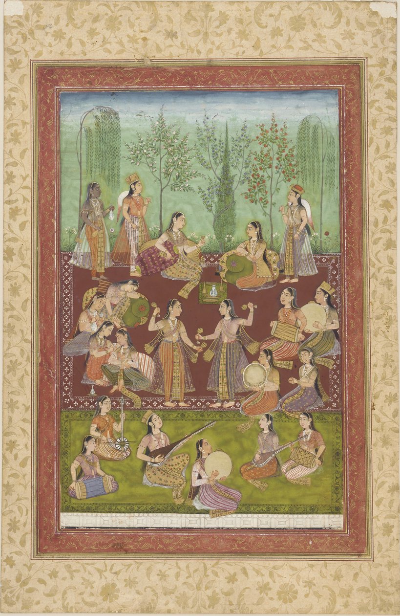Skupina žen v zahradě, baví se hudbou a tancem (barva a zlato na papíře) od Indian School