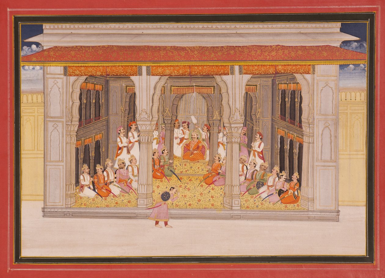 Král v durbaru v pavilonu, 1760 (neprůhledné wc a zlato na papíře) od Indian School