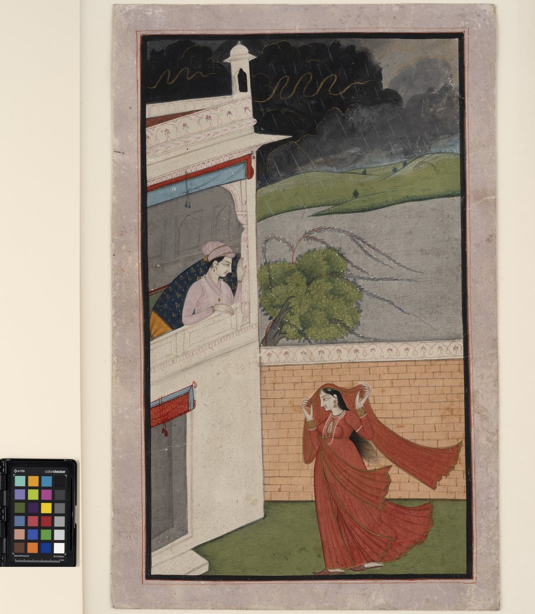 Dáma přichází do domu svého milence v bouři, kolem roku 1830 (neprůhledné w/c a zlato na papíře) od Indian School
