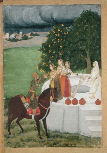 Nasedlý princ přijímající vodu od dam u studny, miniatura z Murshidabadu, kolem roku 1760 (kvaš na papíře) od Indian School