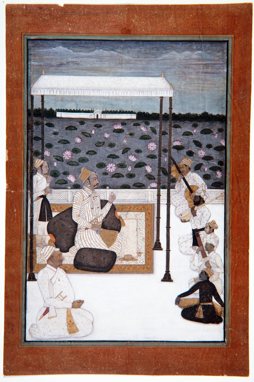 Šlechtic poslouchá hudbu pod baldachýnem na terase u jezera, kolem 1680 (neprůhledné wc a zlato na papíře) od Indian School