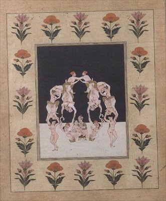 Dvojice milenců sedících na houpačce složené z dalších propletených milenců, cca 1830 (kvaš na papíře) od Indian School