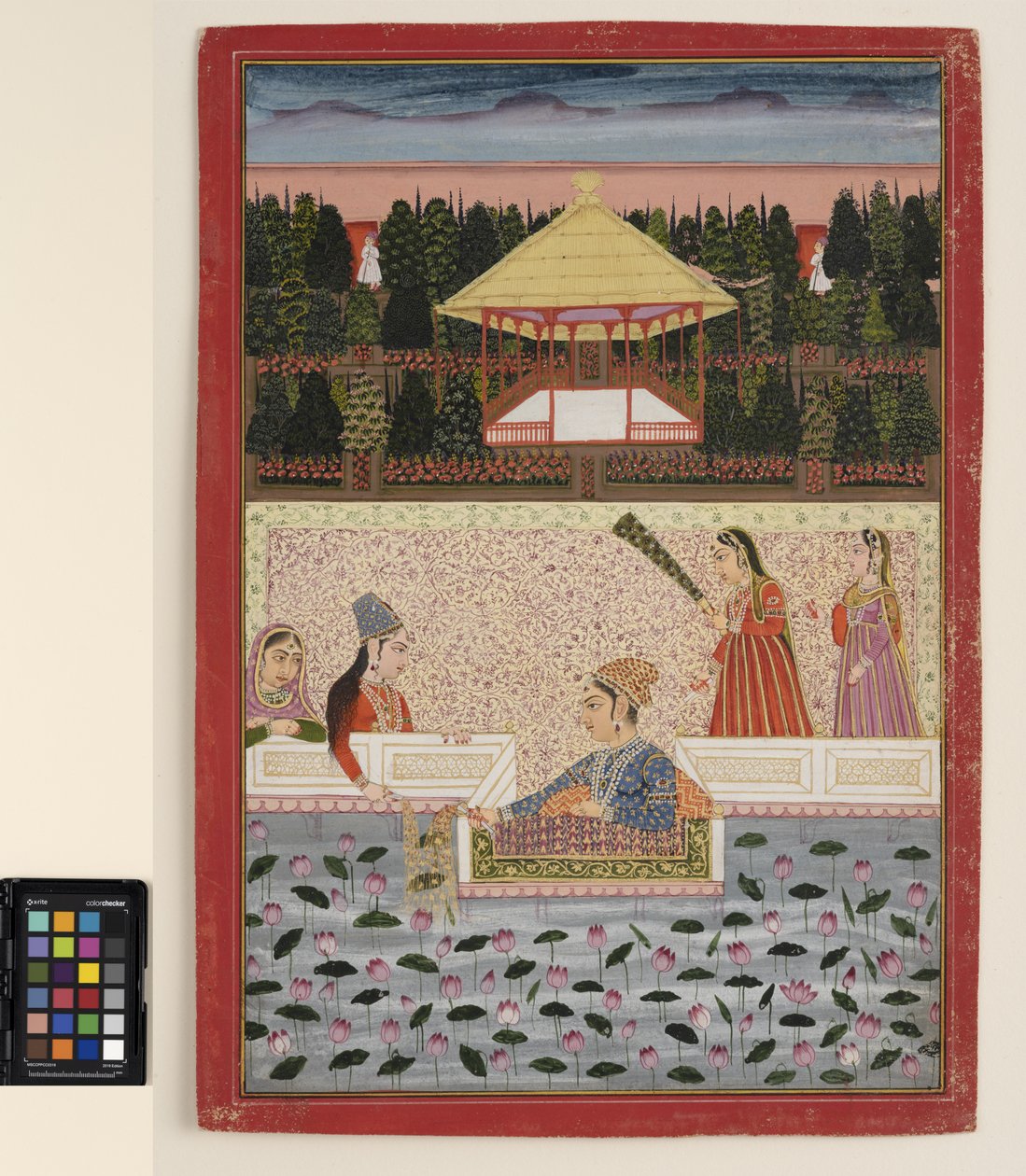 Princ a princezna si hrají s prskavkami u lotosového bazénu, cca 1760 (neprůhledný akvarel a zlato na papíře) od Indian School