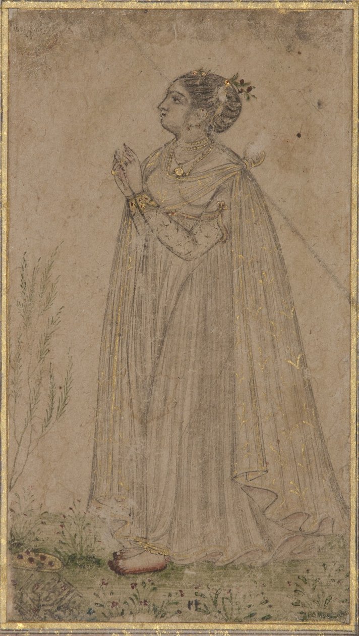 Princezna uctívá slunce, cca 1600 (neprůhledné wc a zlato na papíře) od Indian School