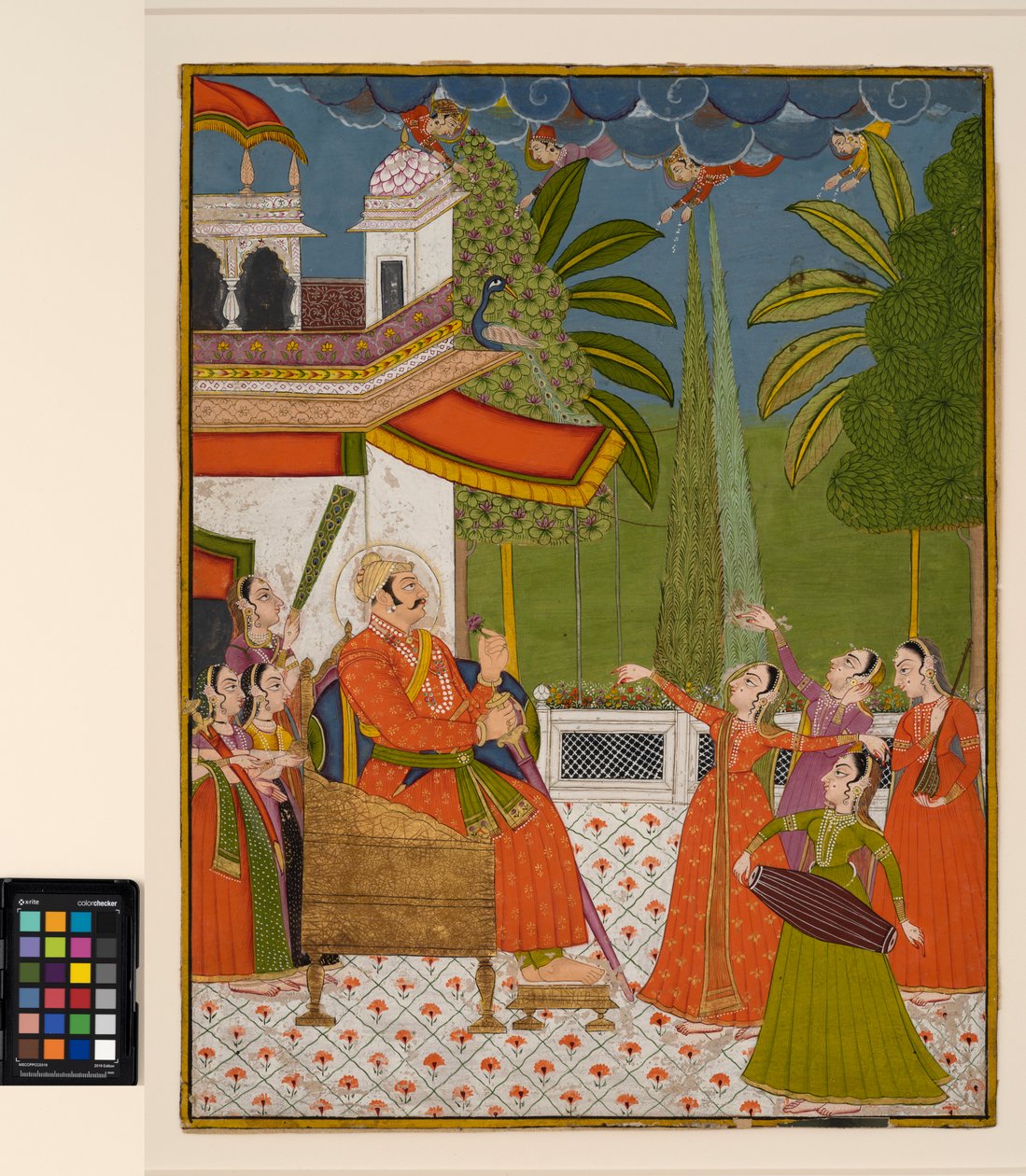 Rádža na trůnu, kterého baví tanečníci a hudebníci, kolem roku 1775 (neprůhledný akvarel na papíře) od Indian School