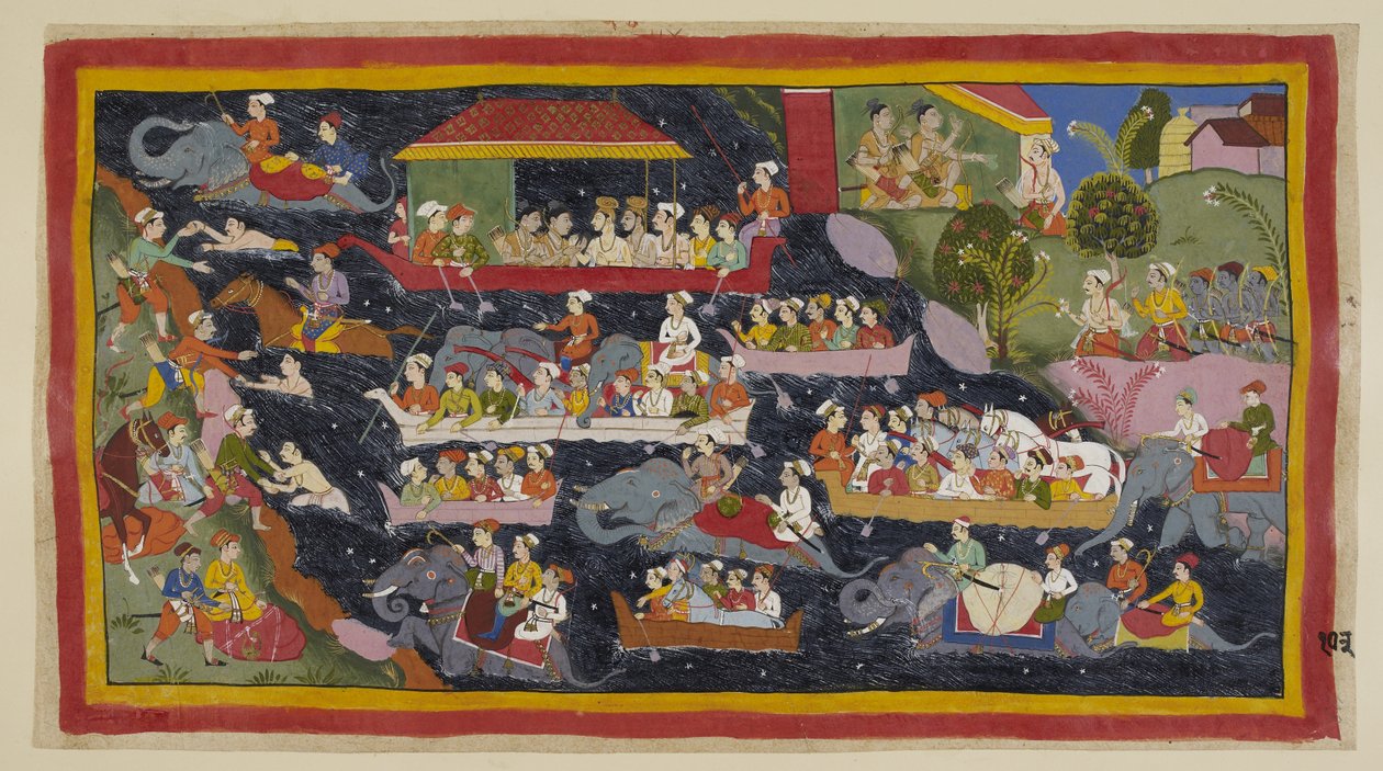 Add 15296 (1) f.103r, Dva princové se nyní rozhodli nosit oděvy asketů jako jejich bratři v exilu, Bharata stále ve svém táboře napravo říká Guhovi, aby přinesl dostatek člunů, aby je všechny dopravil na protější břeh Ganga, kolem roku 1653 od Indian School