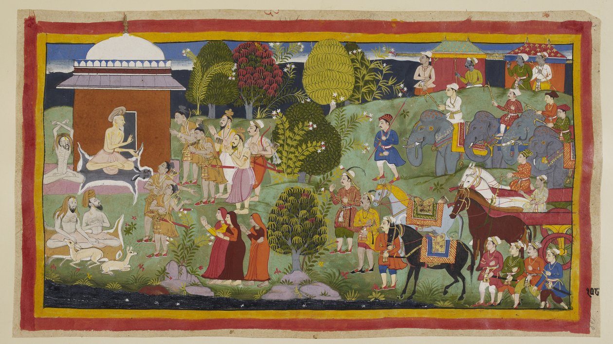Add 15296 (1) f.108r, Bharadvaja, sedící před svou chýší s dalšími askety a jeleny, se ptá princů, zda se jim líbila jeho pohostinnost. Říká jim a jejich společníkům, že Ráma žije v Citrakutě. Knížata intr od Indian School
