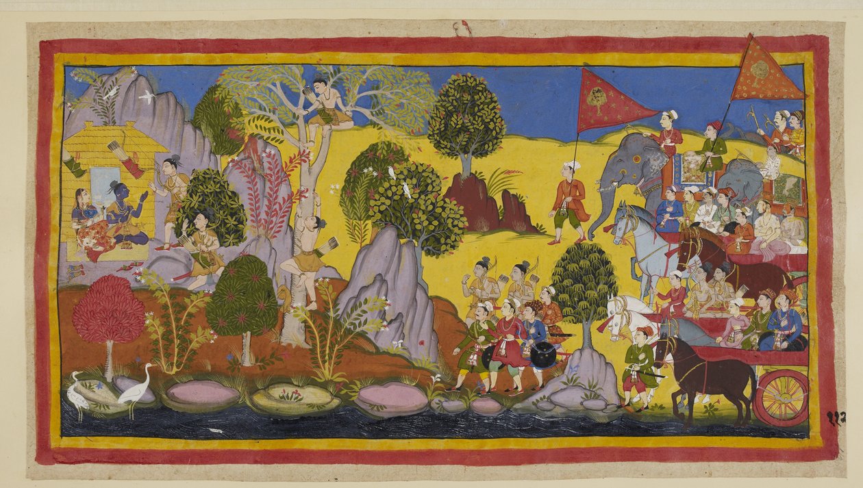 Add 15296 (1) f.112r, Vřava blížící se armády vyplašila Rámu a řekl Laksmanovi, aby vylezl na strom, aby zjistil, co ten rámus způsobuje. Laksmana vyleze na kvetoucí strom sala a v dálce rozpozná Bharatův standard s orchidejí od Indian School