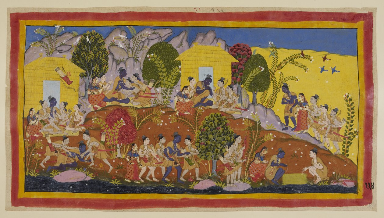 Add 15296 (1) f.114r, Nahoře uprostřed se Bharata a Shatrughna vrhají k nohám Rámy, který objímá své mladší bratry a cítí hlavy Sitaeir. Ráma si je vezme na klín, když žádá o jejich blaho a blaho jejich otce, a h od Indian School