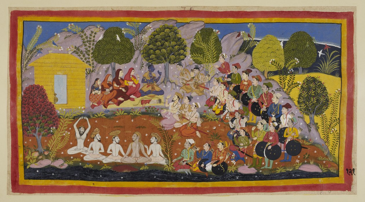 Přidejte 15296 (1) f.121r, Ráma sedí na podložce čelem ke dvěma bratrům, se třemi královnami a Sítou po jeho pravici. Bharata nadále naléhá na Rámu, aby se vrátil do Ayodhya, aby byl korunován, a argumentuje tím, že jejich otec proti němu zhřešil ze strach od Indian School