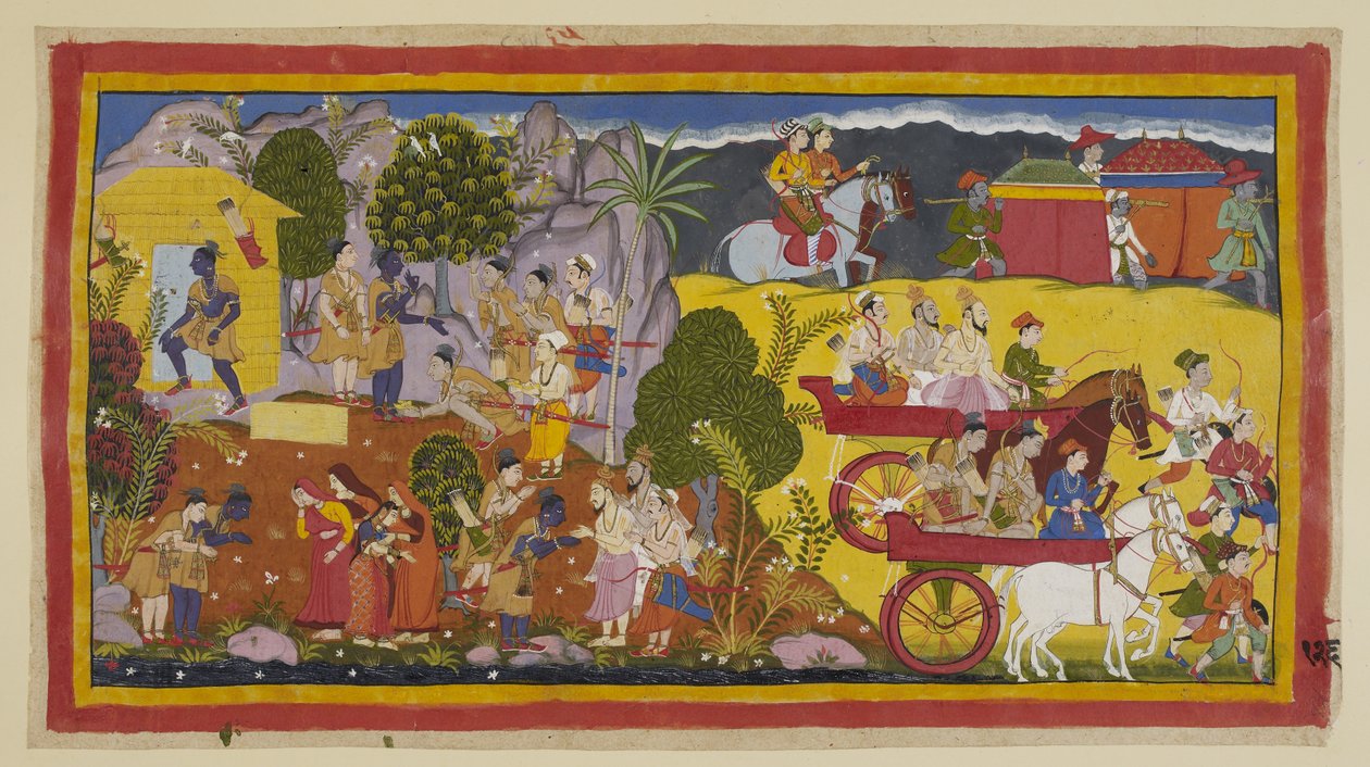 Add 15296 (1) f.126r, Navzdory prosbám svého bratra, aby se vrátil k vládě Ayodhya, Rama Ramains neústupně dodržuje příkaz svého otce. Nakonec se mu podaří přesvědčit Bharatu, aby vládl království až do jeho návratu po čtrnácti letech. Bharata re od Indian School