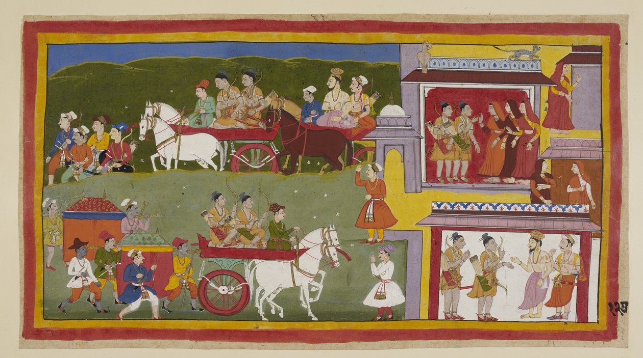 Přidat 15296 (1) f.127r, Průvod se vrací do Ayodhya, podél spodní části obrazu, smutné a opuštěné město je domovem koček a sov. Bharata a Shatrughna se rozcházejí s královnami a říkají Vasisthovi, že odejdou do N od Indian School