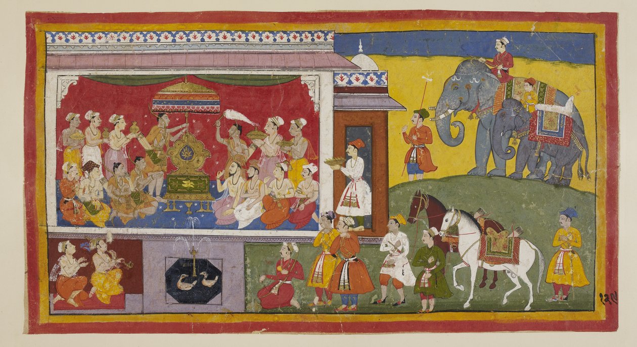 Add 15296 (1) f.129r, V trůnním sále v NandigRama, Bharata umístí na trůn Rámovy sandály a se shromážděnými kněžími a ministry je dosadí jako vládce Ayodhya. Od nynějška se s nimi zachází jako se samotným Rámou. Dva princové v jejich od Indian School