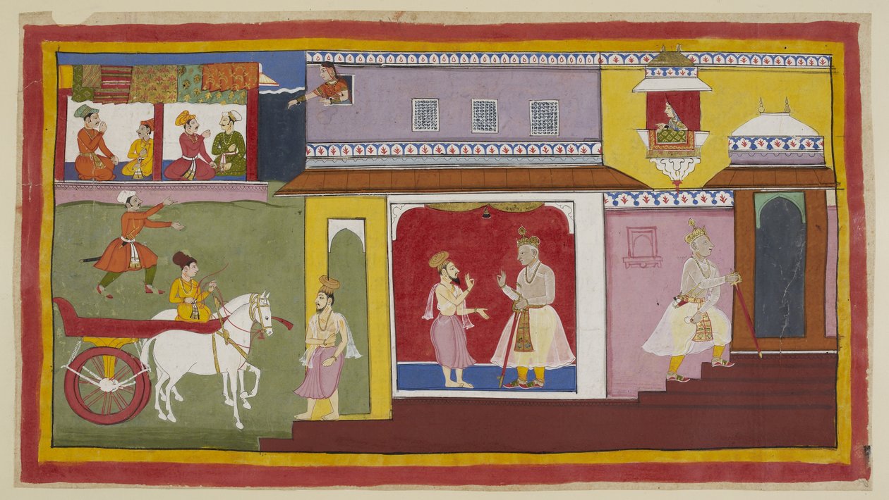 Přidejte 15296 (1) f.18r, Vasistha se vrací do paláce a říká Dasarathovi, že vše je připraveno na obřad. Dasaratha se stáhne do vnitřní komnaty paláce. Nahoře se Kaikeyiho sluha Manthara dívá z horního okna a pozoruje vzrušení od Indian School