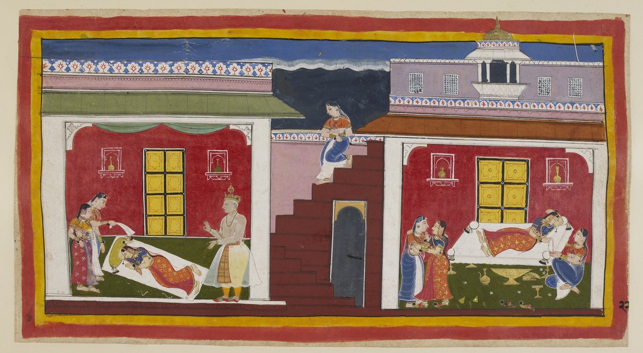 Přidejte 15296 (1) f.22r, Manthara sestupuje shora a vejde do Kaikeyiiny ložnice napravo a probudí ji zprávou o nadcházející korunovaci. Kaikeyi je nejprve naplněna rozkoší a vstává, daruje Manthaře náhrdelník od asi svých osob od Indian School