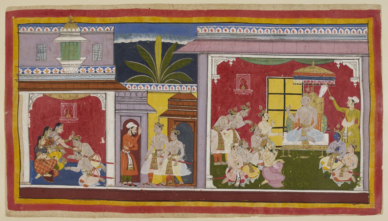 Add 15296 (1) f.2r, V trůnním sále v Ayodhya (vpravo) sedí král Dasaratha se svými čtyřmi syny, ministrem Sumantrou a hlavním knězem Vasisthou. Yudhajit, bratr královny Kaikeyi a strýc z matčiny strany Bharata, přišel vzít Bharatu na návštěvu od Indian School